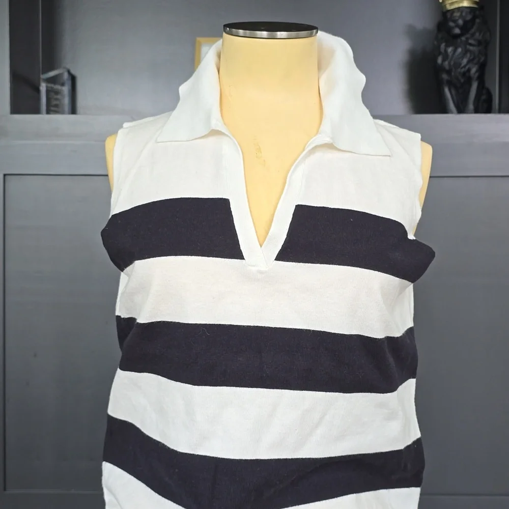 Striped Black and White Collared Sweater Vest Top - Picture 2 of 6